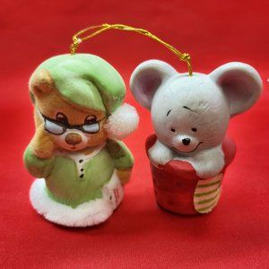 VTG Jasco Caring Critters Chimer Bisque Porcelain Christmas Ornament Set of 2